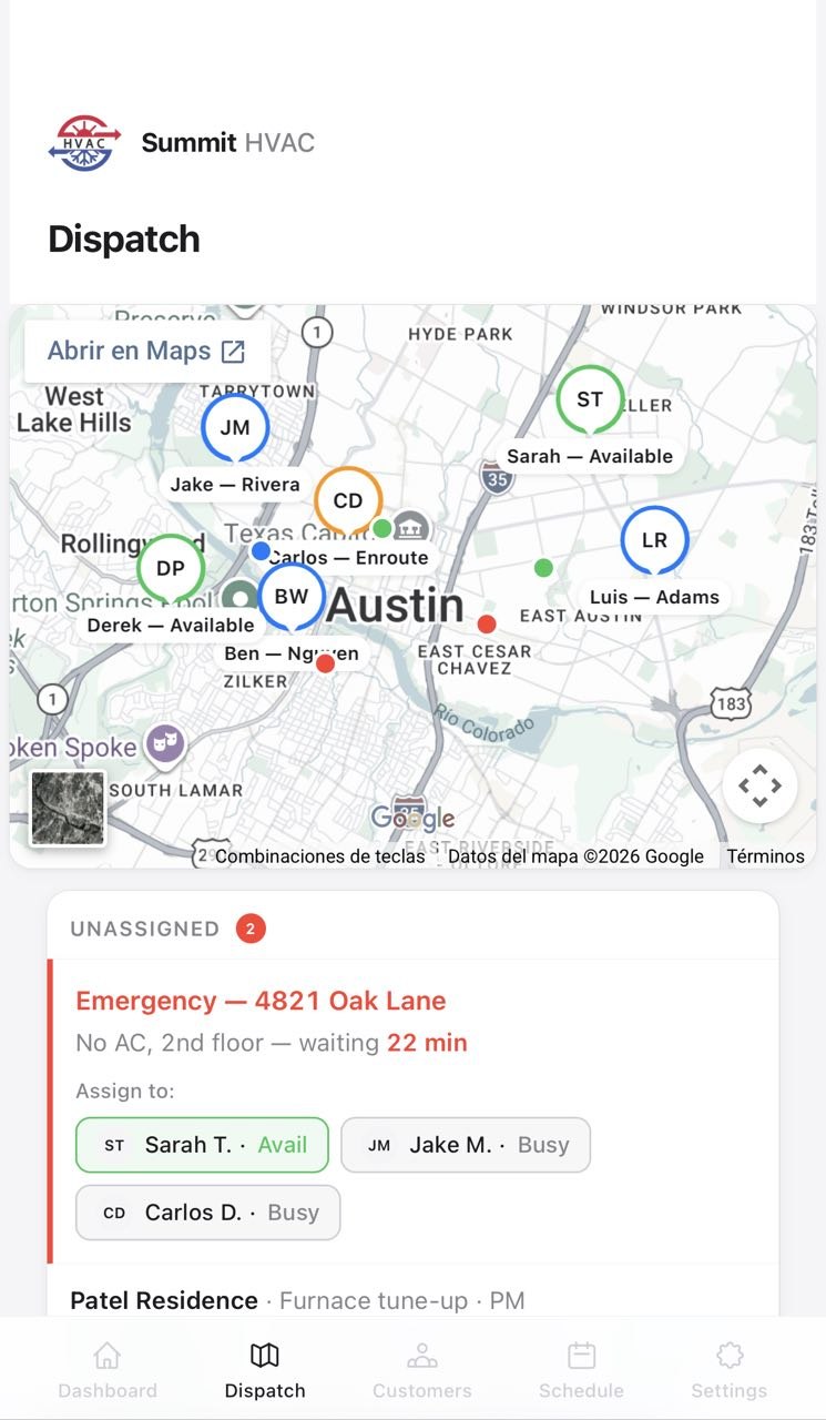 Kuhnic dispatch board — mobile view
