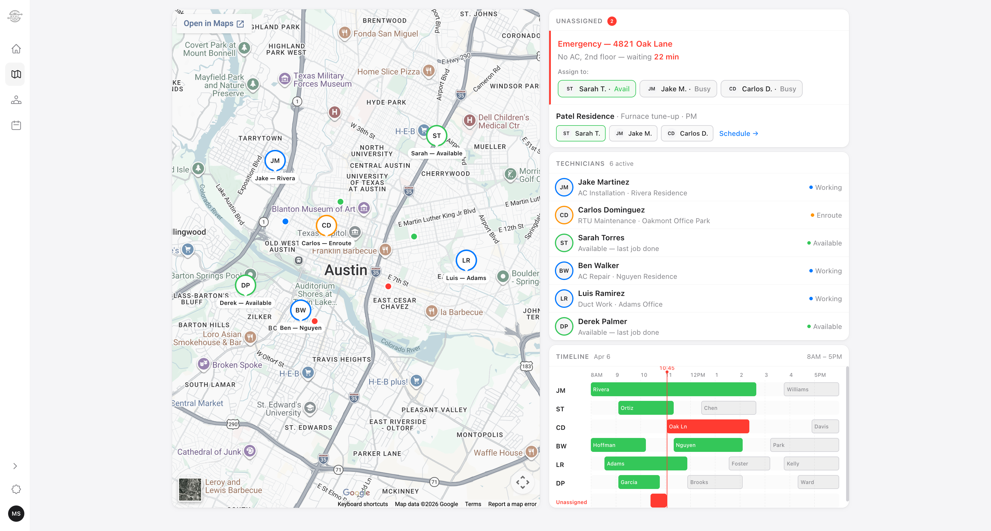 Kuhnic dispatch board with live tech map and timeline